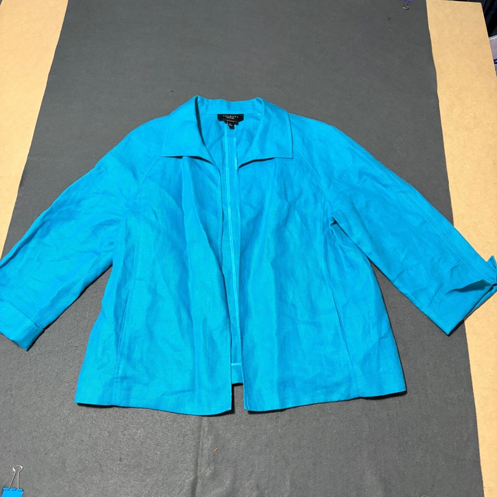 Talbots Pure Irish Linen Open Front Jacket Womens Large Turquoise Blue